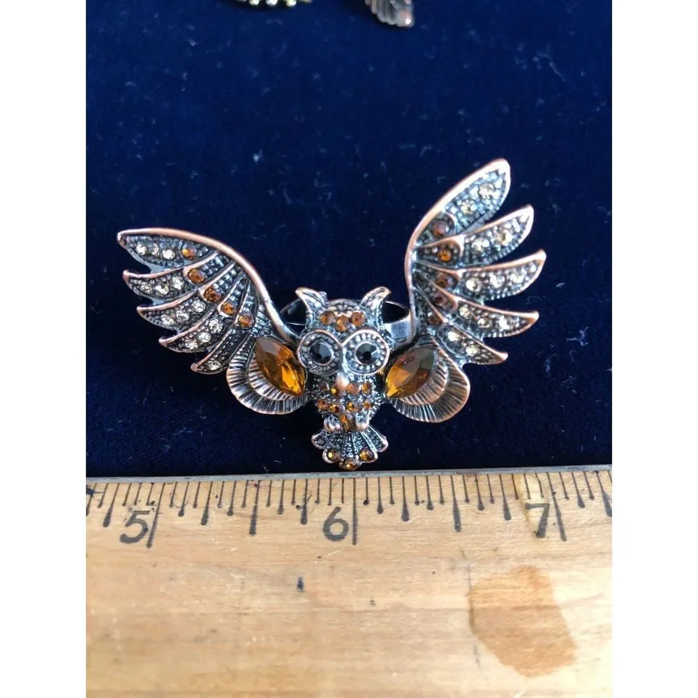 Owl & feather rings bundle gold tone
